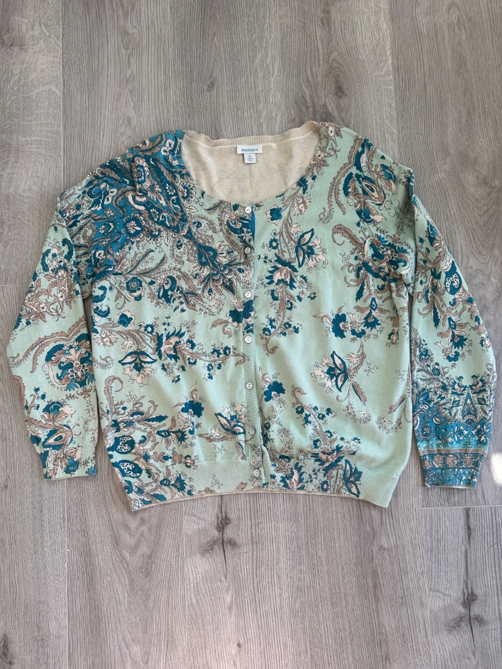 Sundance 100% Cotton Floral Paisley Cardigan - Size XL Teal Blue Green